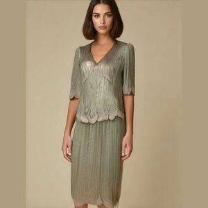 80s NIEMAN MARCUS SILK PASTEL GREEN BEADED & SEQUINS TOP & MIDI SKIRT SZ XS